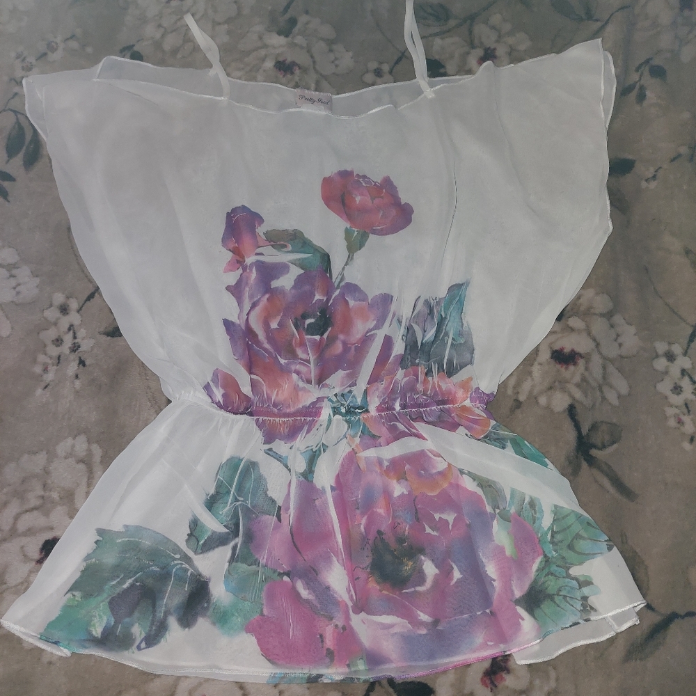 White sheer off shoulder with floral pattern